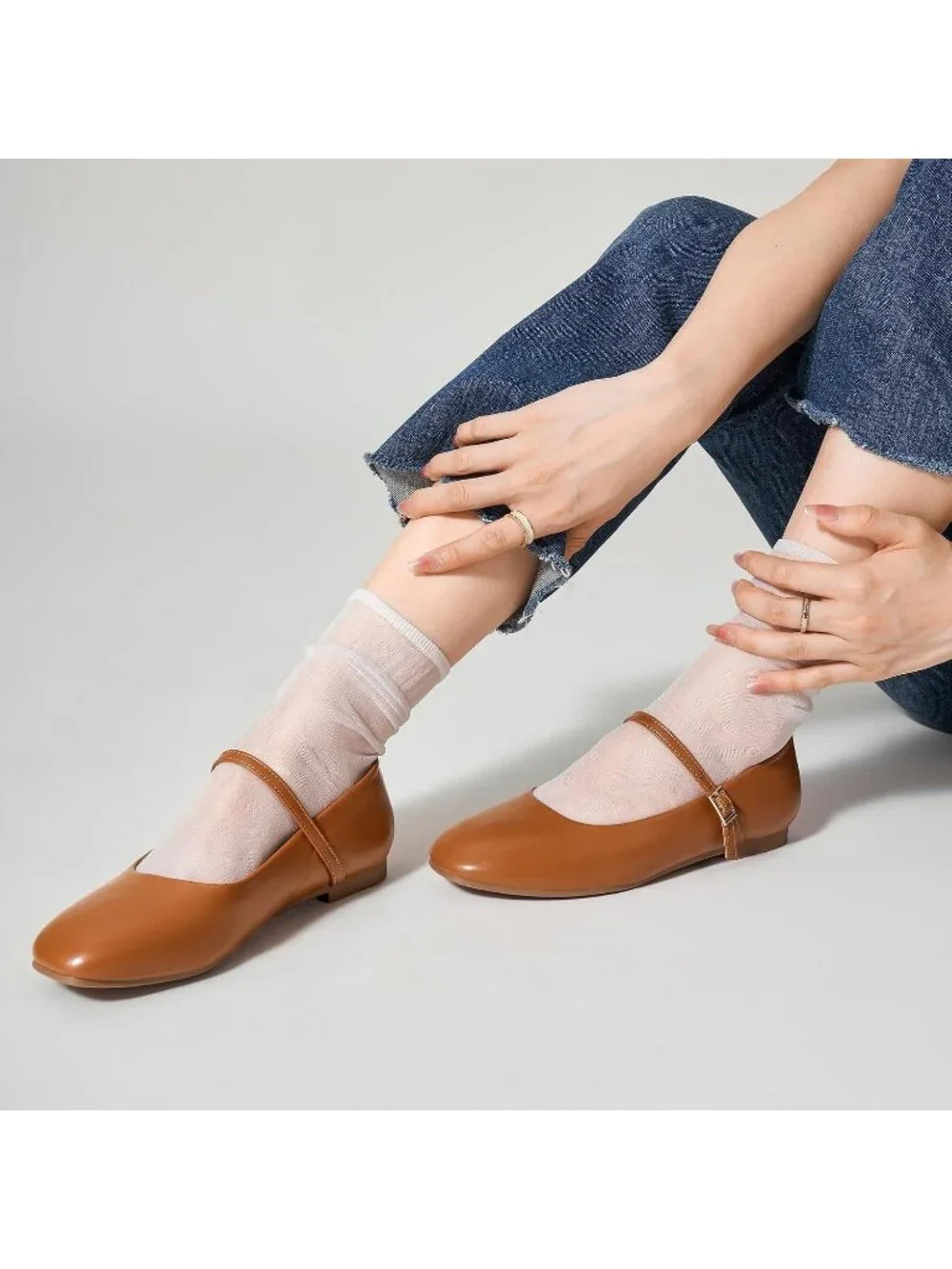 Women's Brown Square Toe With Adjustable Buckle Strap Ballet Flat Slip On Shoes